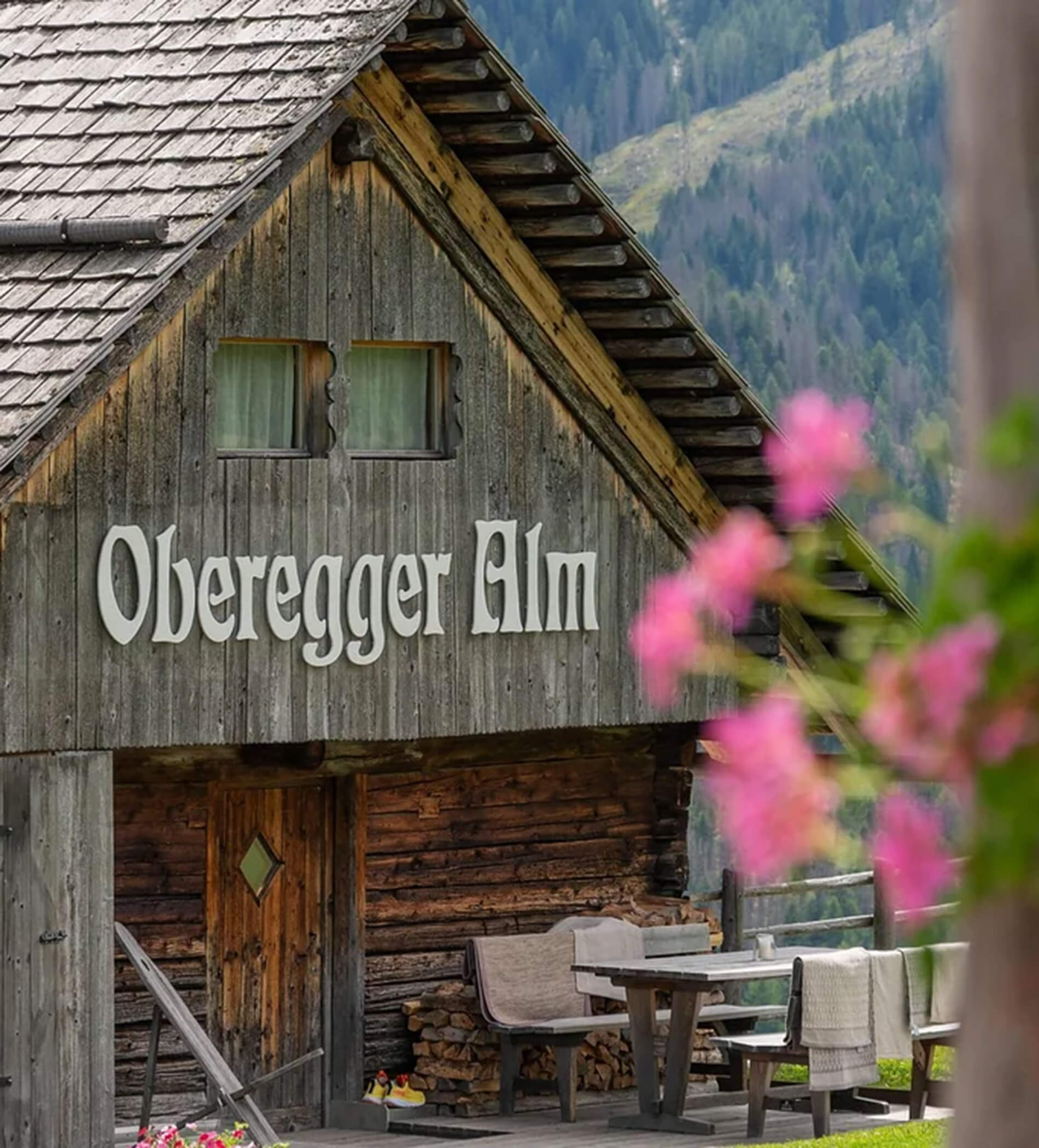Holzhaus mit Blumenkästen, gelber Rutsche, grasbewachsenem Hügel und Bergen im Hintergrund unter blauem Himmel. - Ampark
