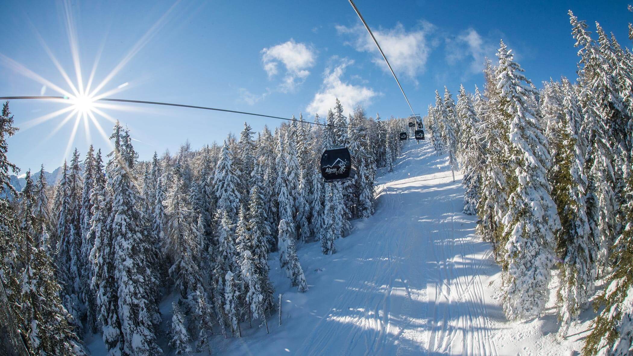 Le cabinovie scorrono sopra un pendio boscoso innevato, sotto un sole splendente e un cielo azzurro e limpido. - Ampark