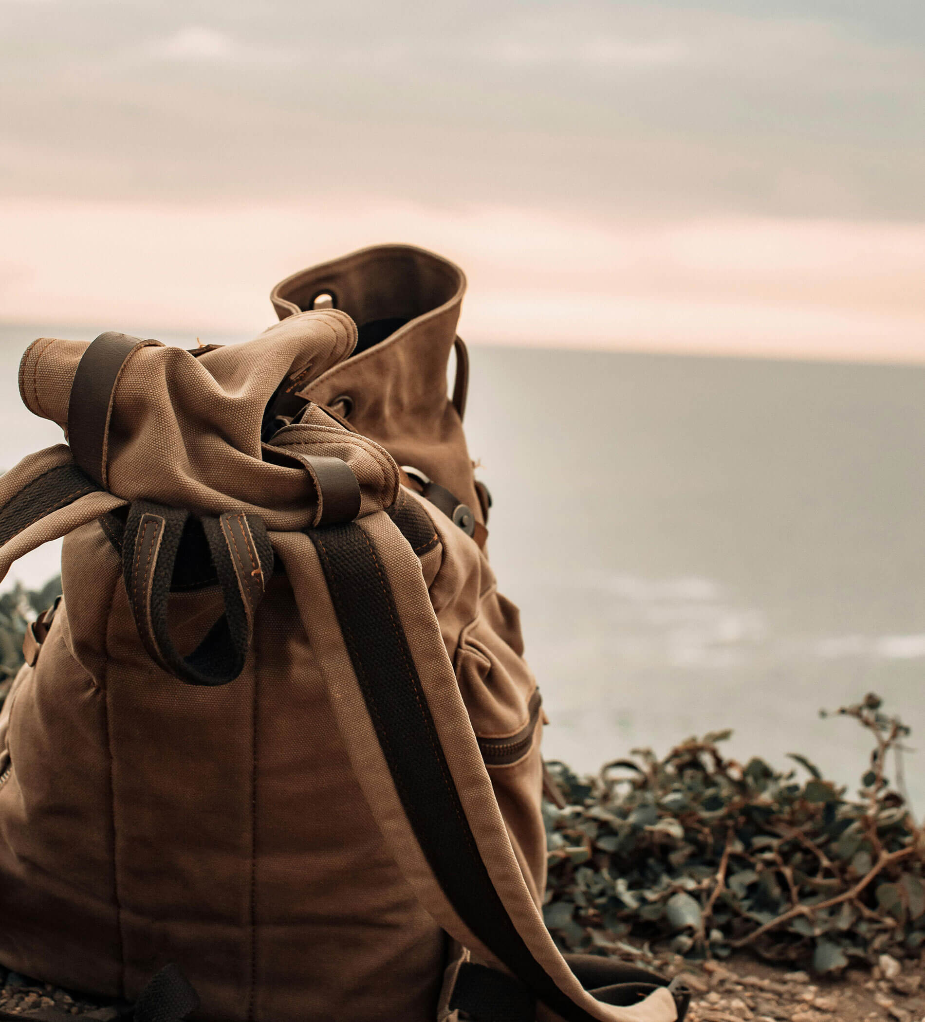 Ein brauner Rucksack aus Segeltuch liegt auf dem Boden neben einigen Pflanzen und blickt auf eine ruhige, bewölkte Meereslandschaft. - Ampark